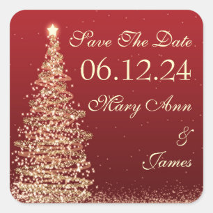 Christmas Wedding Save The Date Red Gold Square Sticker