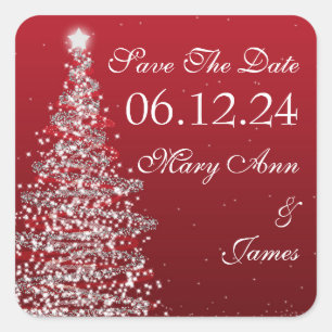 Christmas Wedding Save The Date Red Silver Square Sticker