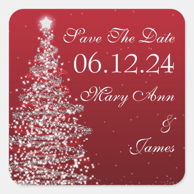 Christmas Wedding Save The Date Red Silver Square Sticker (Front)