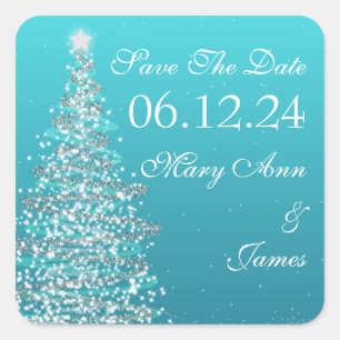 Christmas Wedding Save The Date Turquoise Square Sticker
