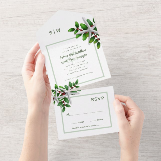 Christmas Wedding Sea Stars Holly All In One Invit Invitation (Tearaway)