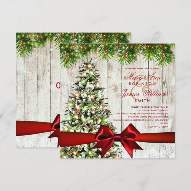 Christmas Wedding Tree, Lights & Red Ribbon Invitation (Front/Back)