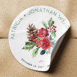 Christmas wedding watercolor floral and berries classic round sticker<br><div class="desc">Editable text wedding favour sticker or envelope seal featuring a rustic modern watercolor Christmas traditional bouquet and green typography script. Ideal for your winter,  Christmas floral,  elegant rustic themed weddings. Personalise it with the bride's and groom's names and wedding details!</div>