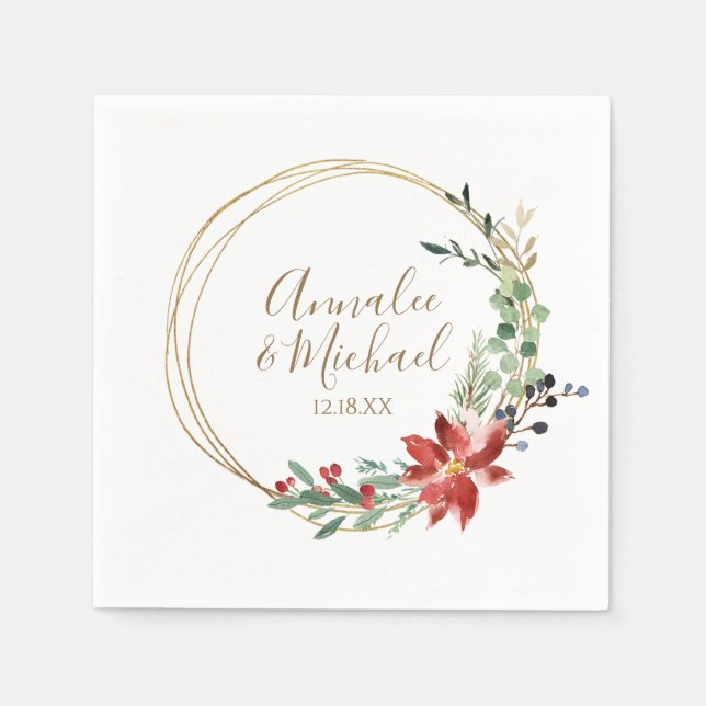 Christmas Wedding Winter Modern Wreath Red Napkin (Front)
