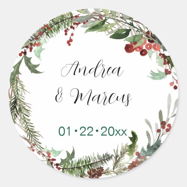 Christmas Wedding Wreath Classic Round Sticker (Front)