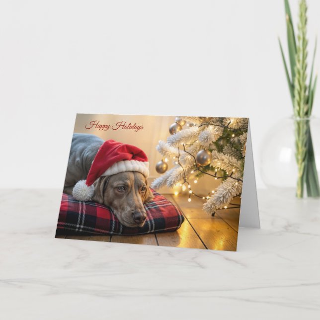 Christmas Weimaraner Dog By a Tree Card (Front)