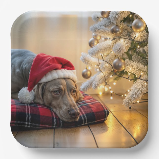 Christmas Weimaraner Dog By a Tree Paper Plate (Front)