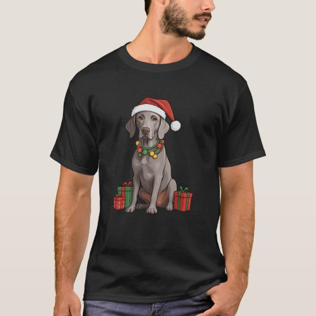 Christmas Weimaraner Dog Santa Hat Christmas Light T-Shirt (Front)