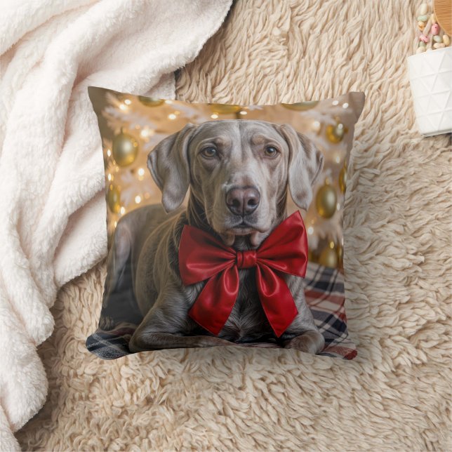 Christmas Weimaraner Dog With Red Bow Cushion (Blanket)