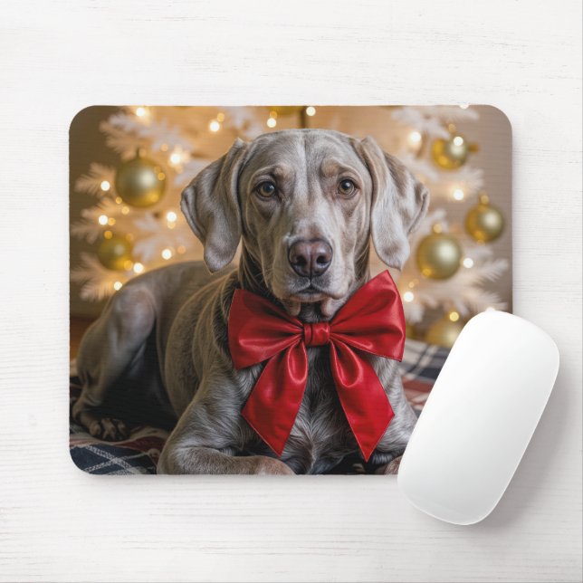 Christmas Weimaraner Dog With Red Bow Mouse Mat (With Mouse)