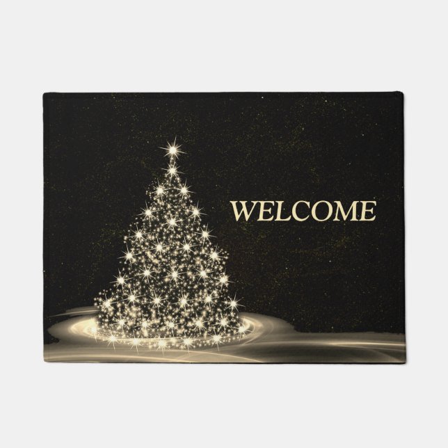 Christmas Welcome Golden Shiny Tree Winter Black Doormat (Front)