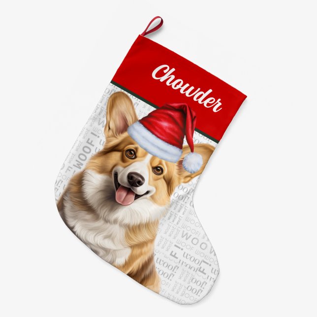 Christmas Welsh Corgi Name Woof Background Large Christmas Stocking (Front (Hanging))