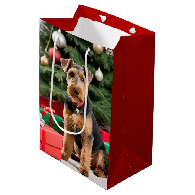 Christmas Welsh Terrier By The Tree Medium Gift Bag (Front Angled)