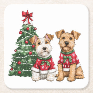 Christmas Welsh Wire Fox Terrier Dogs Square Paper Coaster
