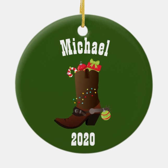 Christmas Western Cowboy Personalised Boot Ceramic Tree Decoration (Back)