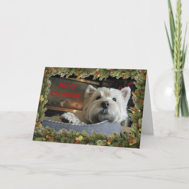 Christmas Westie with Garland Photo Greeting Card (Front)
