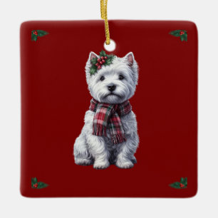 Christmas Westie with holly ornament. Ceramic Ornament