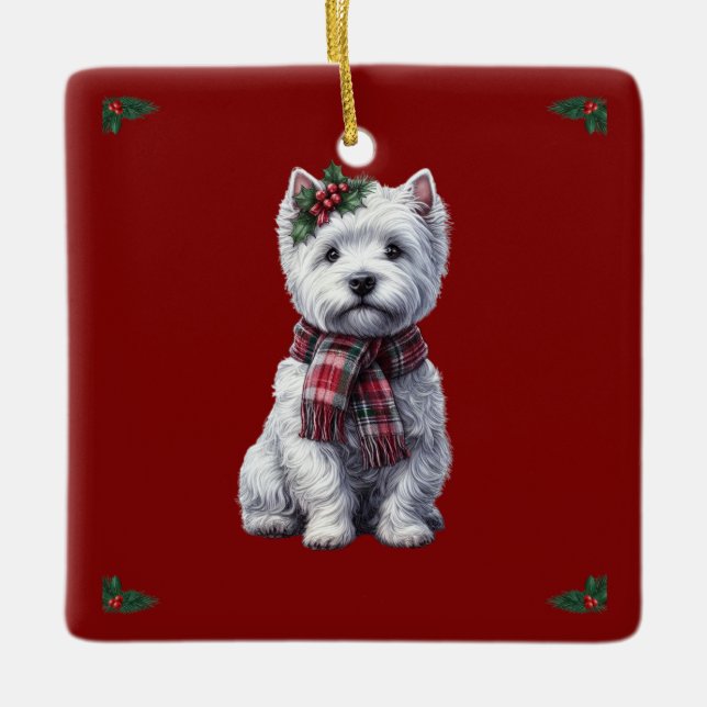 Christmas Westie with holly ornament. Ceramic Ornament (Front)