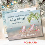 Christmas We've Moved Watercolor Beach Moving   Announcement Postcard<br><div class="desc">We've Moved Watercolor Beach -- peaceful and gentle scene with two beach chairs.  Just waiting for you to come visit.  Lots to personalise on this card as well as sending best wishes for the holidays. Any design questions just send an email to charmdesignstudio@rcn.com and we'll be delighted to assist.</div>