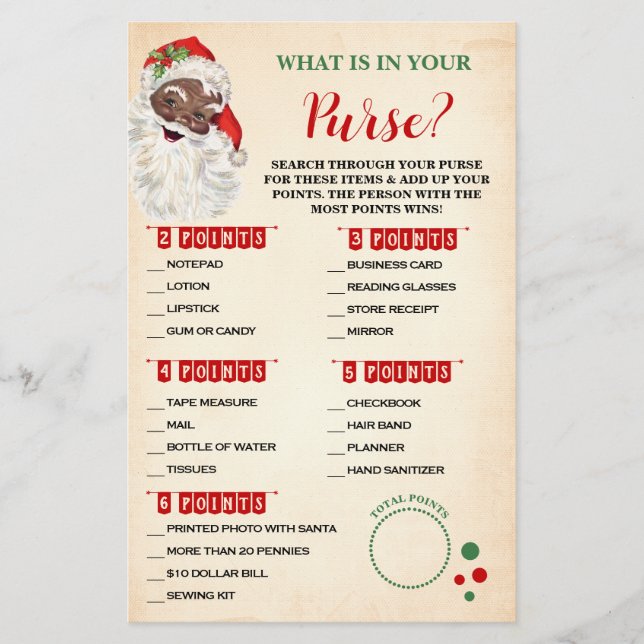 Christmas What is in your Purse Santa Game Card (Front)