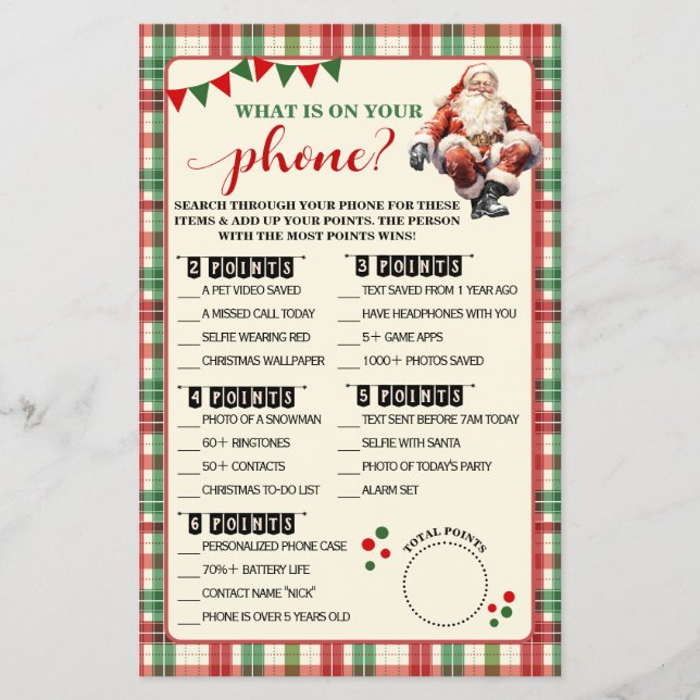 Christmas What is on your Phone Plaid Game Card (Front)