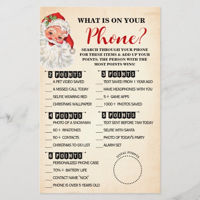 Christmas What is on your Phone Santa Game Card (Front)
