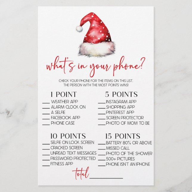 Christmas What's In Your Phone Baby Shower Game Stationery (Front)