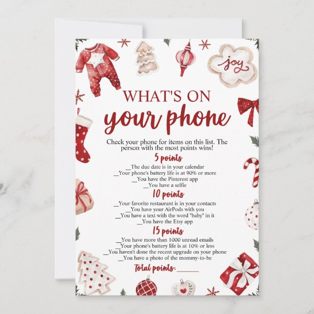 Christmas What's On Your Phone Baby Shower Game Invitation (Front)