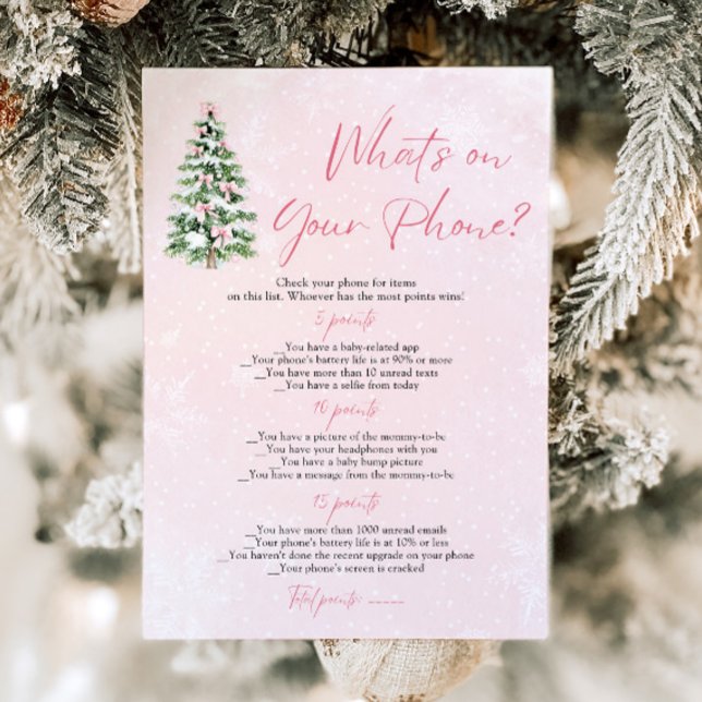 Christmas What's on Your Phone Baby Shower Game Invitation (Pink Bow Christmas What's on Your Phone Baby Shower Game)