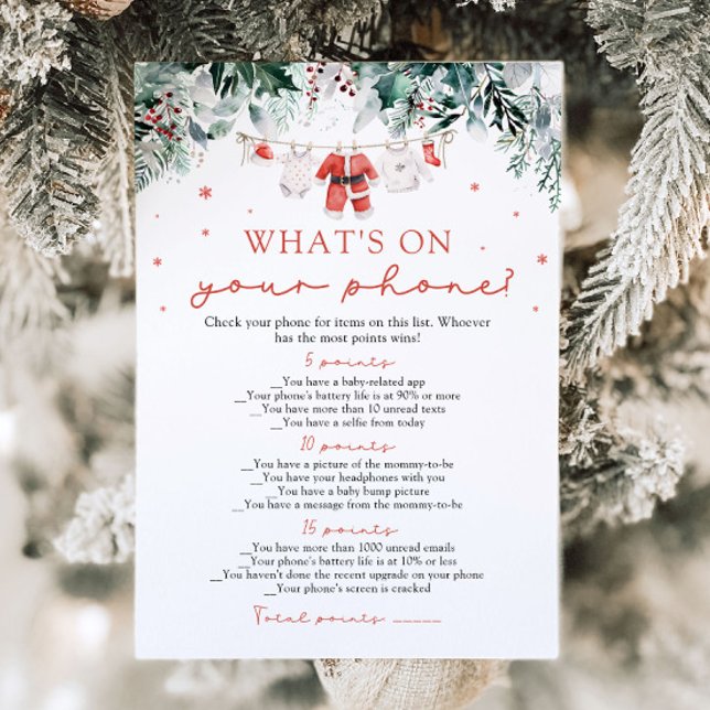 Christmas What's on Your Phone Baby Shower Game Invitation (Watercolor Red Christmas What's on Your Phone Baby Shower Game)