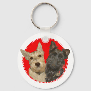 Christmas Wheaten & Black Scotties Key Ring
