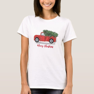 Christmas Whimsical Calligraphy Rustic Red Truck T-Shirt