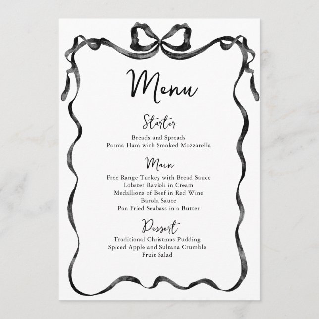Christmas Whimsical Funky Black Bow Dinner Party Menu (Front)