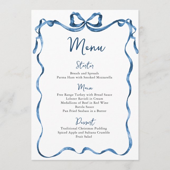 Christmas Whimsical Funky Blue Bow Dinner Party Menu (Front)
