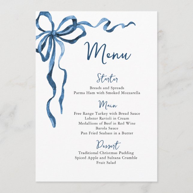 Christmas Whimsical Funky Blue Bow Dinner Party Menu (Front)