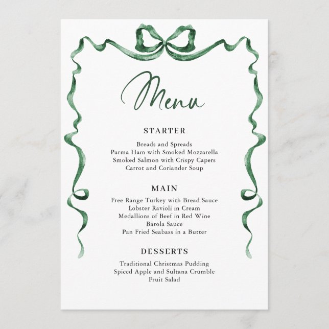 Christmas Whimsical Funky Green Bow Dinner Party Menu (Front)