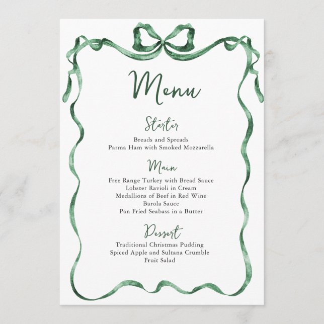 Christmas Whimsical Funky Green Bow Dinner Party Menu (Front)