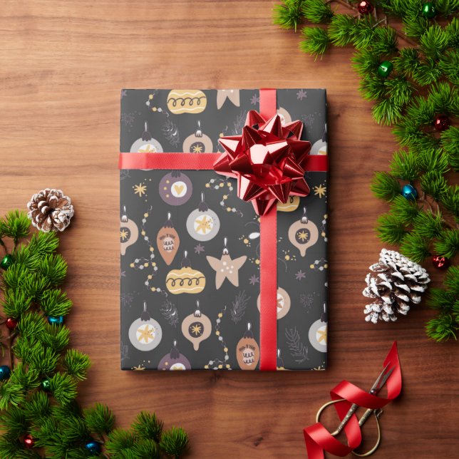 Christmas - Whimsical Ornaments on Black Wrapping Paper (Holiday Gift)