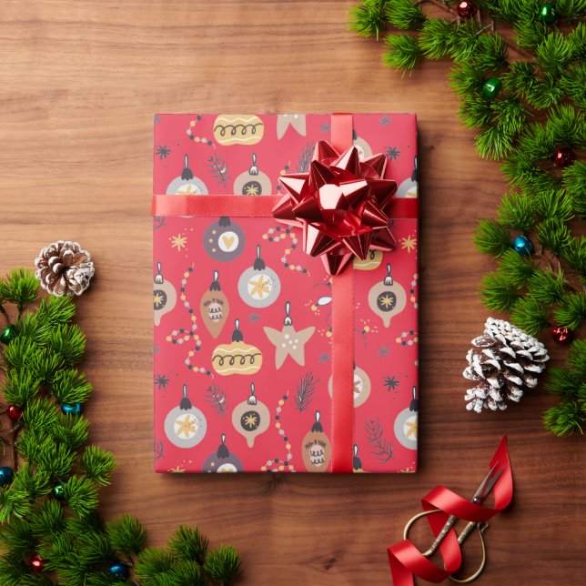 Christmas - Whimsical Ornaments on Red Wrapping Paper (Holiday Gift)