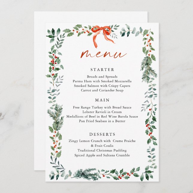 Christmas Whimsical Red Bow Wreath Dinner Party Menu (Front/Back)
