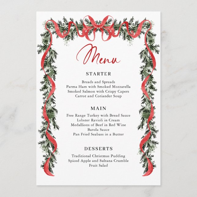 Christmas Whimsical Red Bow Wreath Dinner Party Menu (Front)