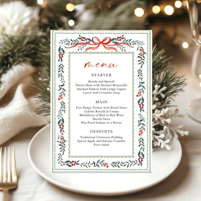 Christmas Whimsical Red Bow Wreath Dinner Party Menu (Creator Uploaded)