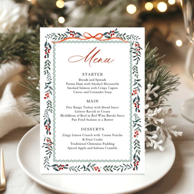 Christmas Whimsical Red Bow Wreath Dinner Party Menu (Creator Uploaded)
