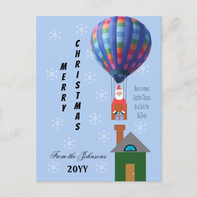 Christmas Whimsy Santa Hot Air Balloon Light Blue Holiday Postcard (Front)