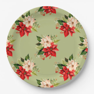 Christmas White and Red Poinsettia Elegant Floral Paper Plate