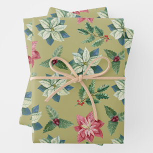 Christmas White and Red Poinsettia, Holly Berry Wrapping Paper Sheet