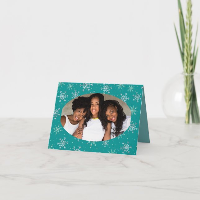 Christmas White & Aqua Snowflakes on Teal Photo Note Card (Front)