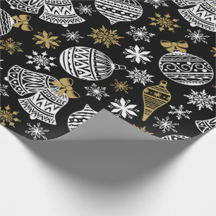 Christmas White Black Gold Bells Baubles Snowflake Wrapping Paper