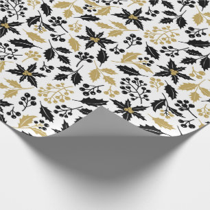 Christmas White Black Gold Holly Botanical Wrapping Paper