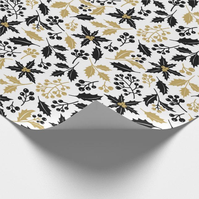 Christmas White Black Gold Holly Botanical Wrapping Paper (Corner)